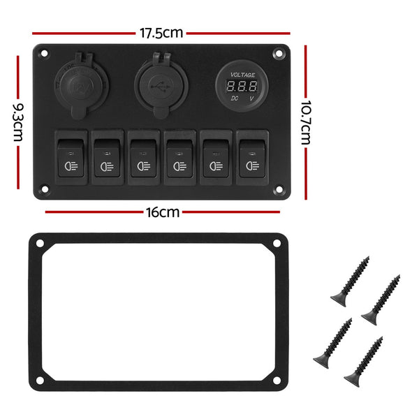 Giantz 6 Gang 12V Switch Panel For Car Boat Marine USB ON-OFF LED Rocker Toggle Giantz