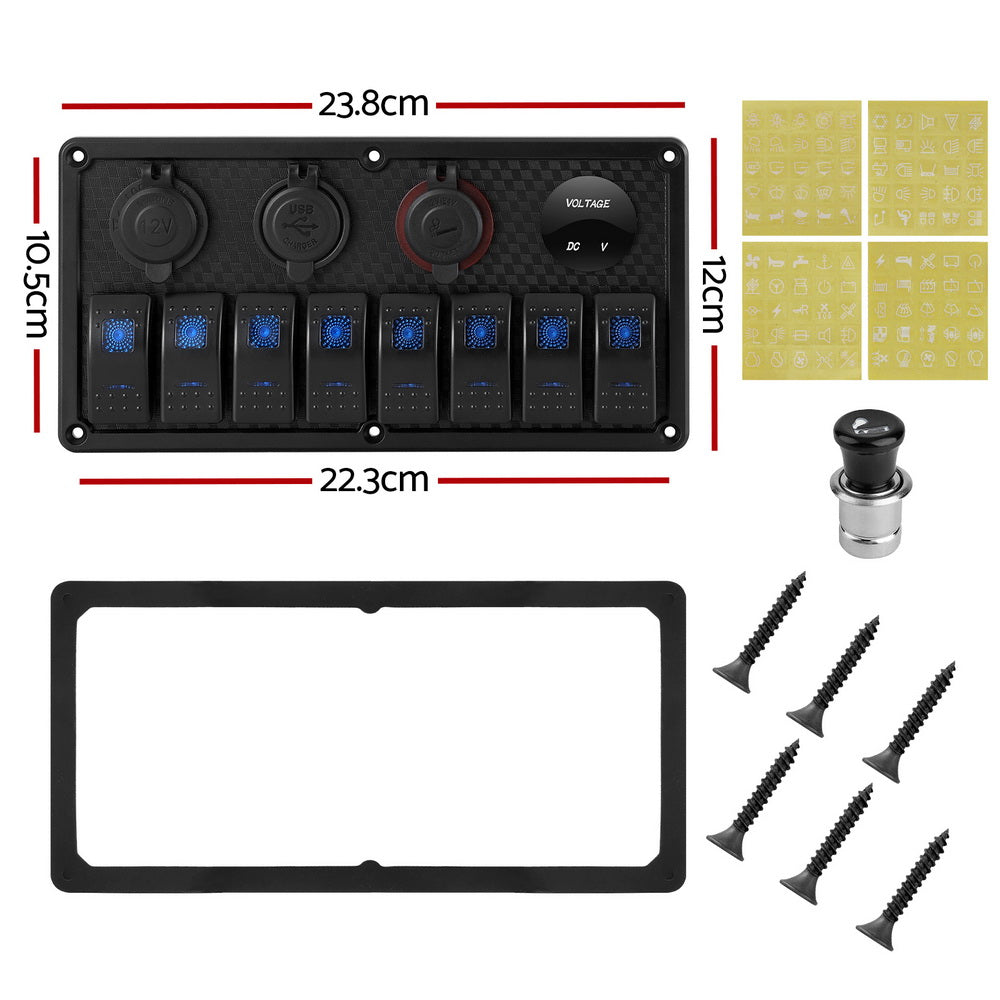 Giantz 8 Gang 12V Switch Panel For Car Boat Marine USB ON-OFF LED Rocker Toggle Giantz
