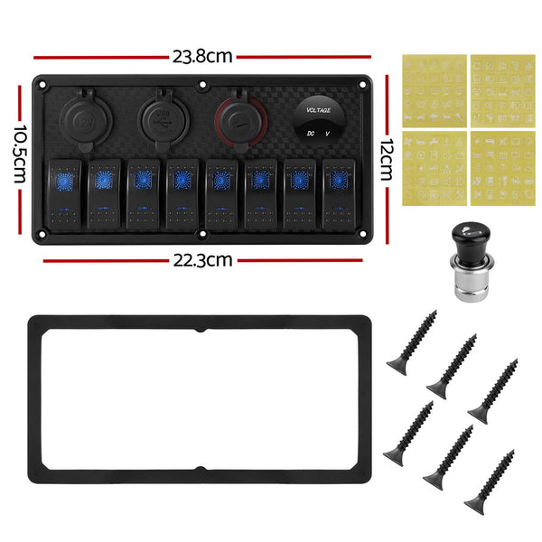 Giantz 8 Gang 12V Switch Panel For Car Boat Marine USB ON-OFF LED Rocker Toggle Giantz