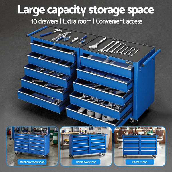 Giantz Tool Chest Trolley 10 Drawers Toolbox Storage Blue Awezingly