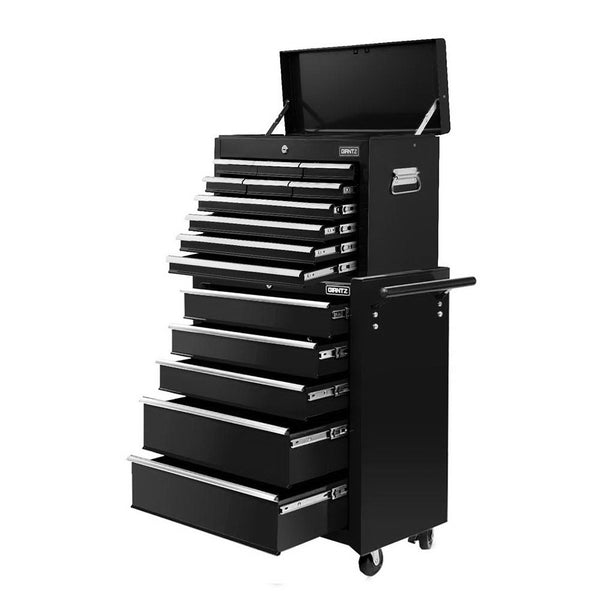 Giantz 15 Drawers Tool Chest Trolley Toolbox 2-in-1 Storage Black Awezingly
