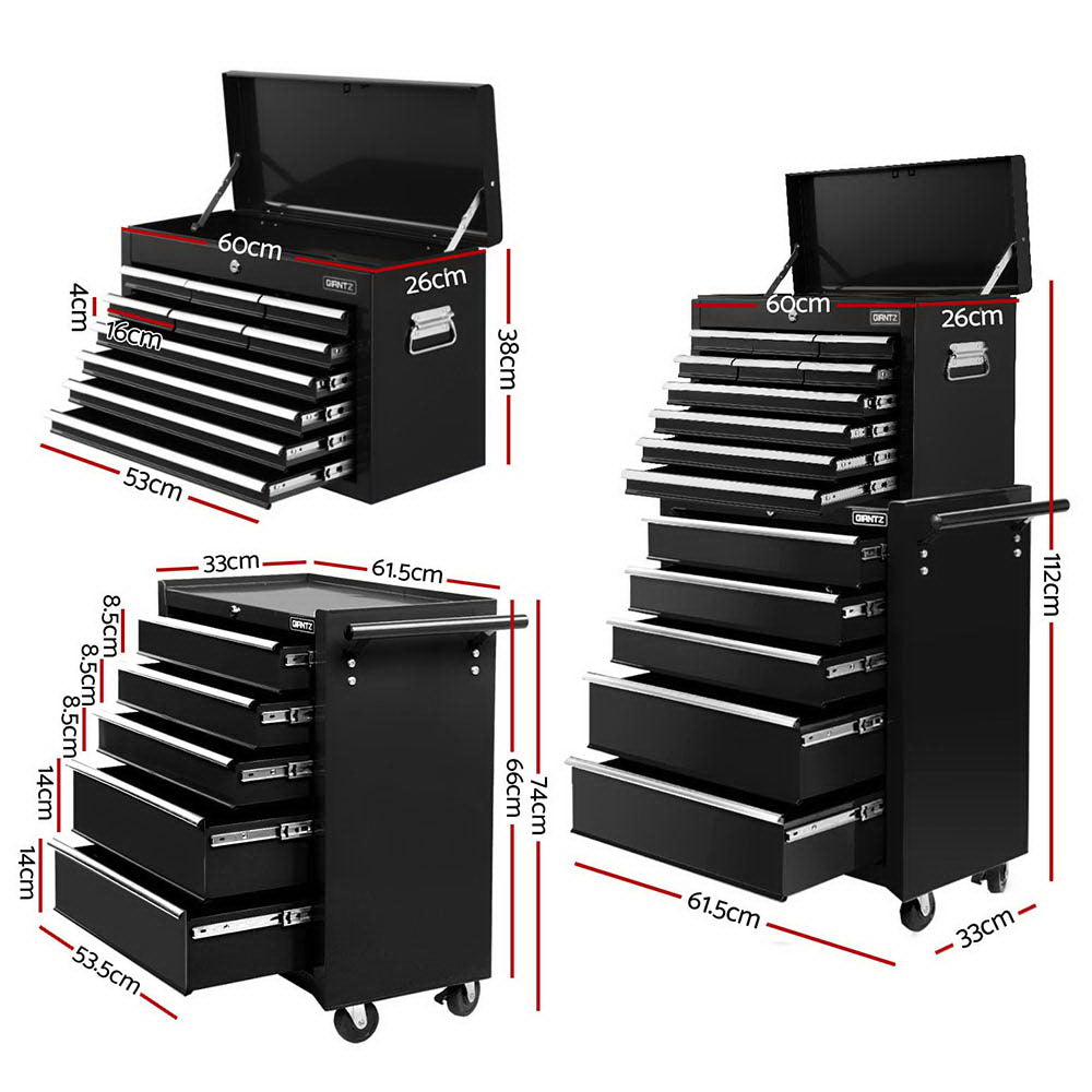 Giantz 15 Drawers Tool Chest Trolley Toolbox 2-in-1 Storage Black Awezingly