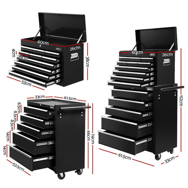 Giantz 15 Drawers Tool Chest Trolley Toolbox 2-in-1 Storage Black Awezingly