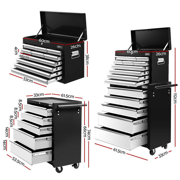 Giantz 15 Drawers Tool Chest Trolley Toolbox 2-in-1 Storage Black& Grey Awezingly