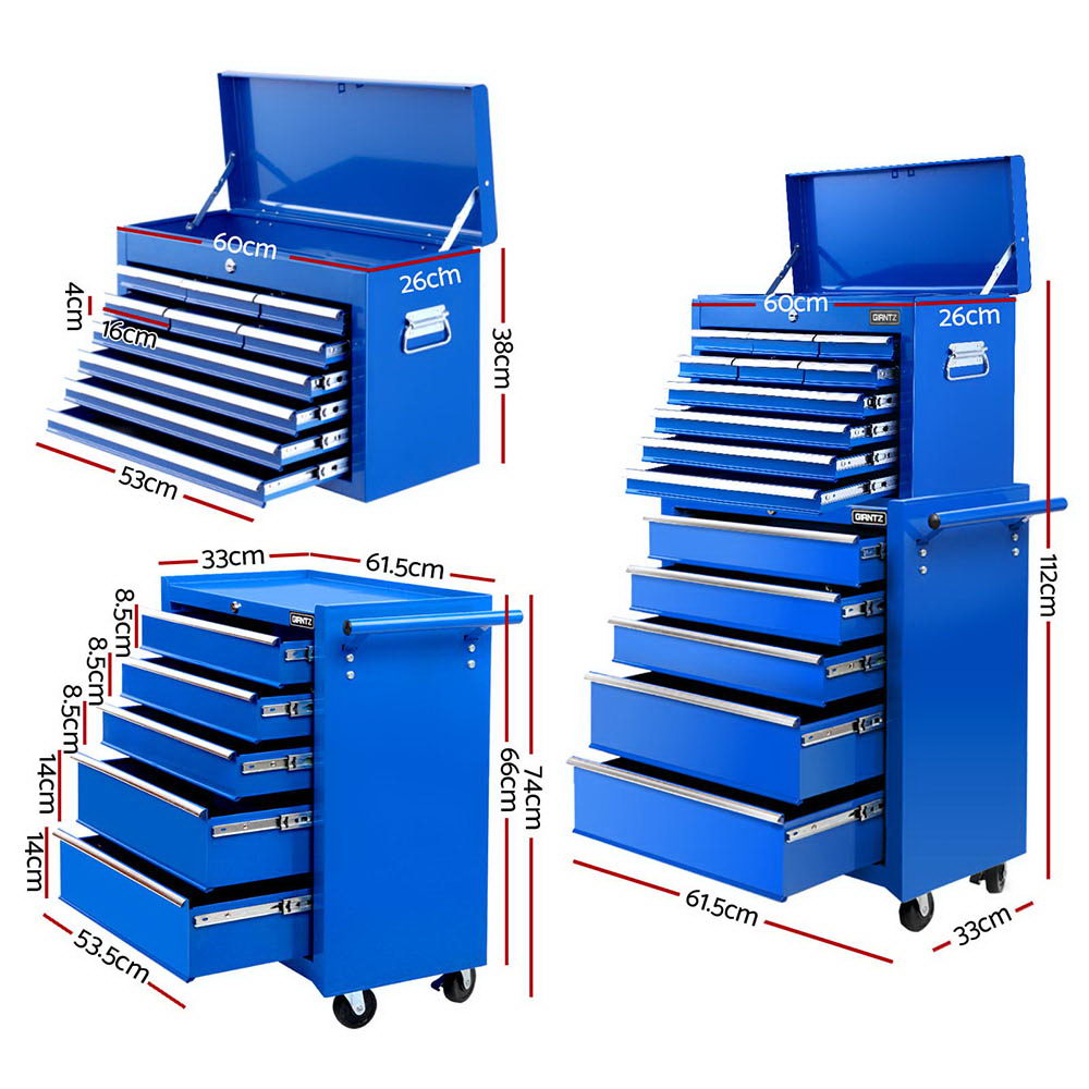 Giantz 15 Drawers Tool Chest Trolley Toolbox 2-in-1 Storage Blue Awezingly