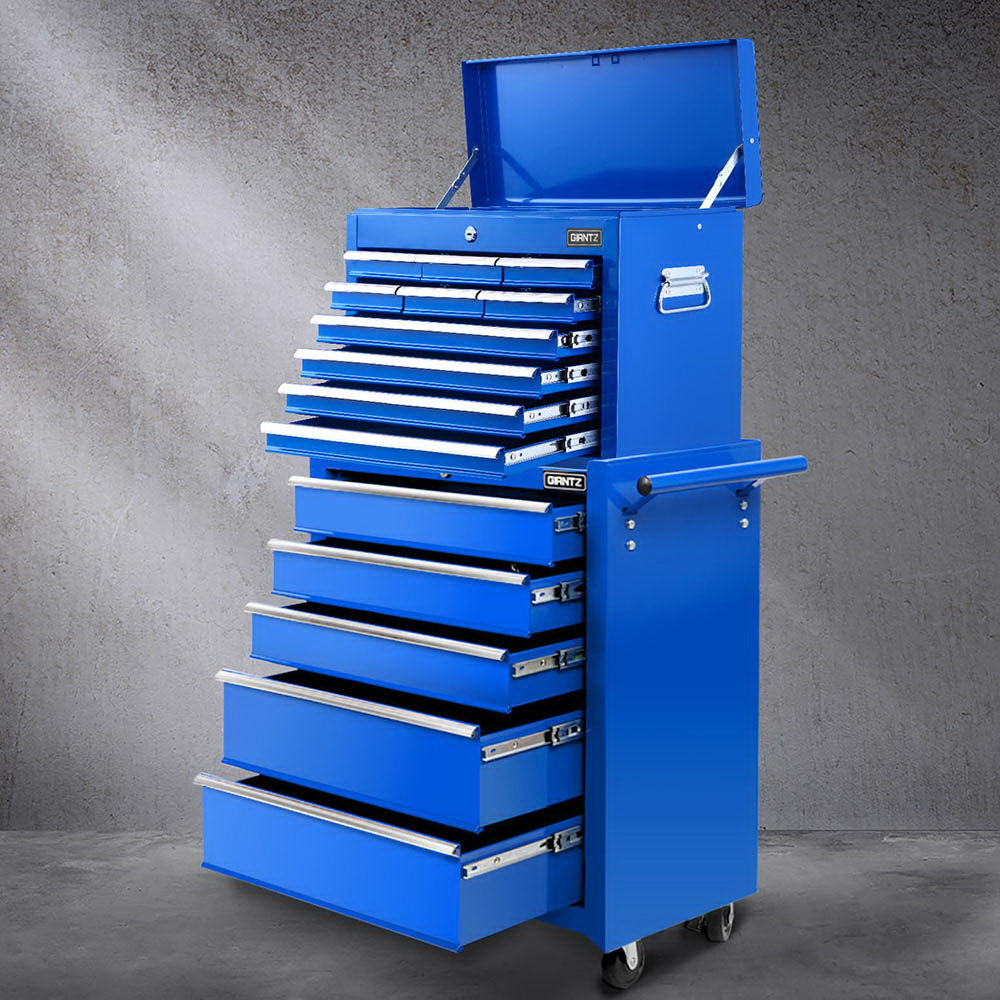 Giantz 15 Drawers Tool Chest Trolley Toolbox 2-in-1 Storage Blue Awezingly