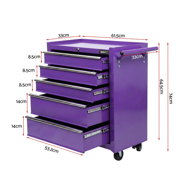 Giantz 5 Drawer Tool Chest Trolley Cabinet Toolbox Heavy Duty Garage Storage Organiser Purple Awezingly