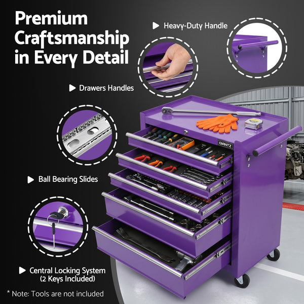 Giantz 5 Drawer Tool Chest Trolley Cabinet Toolbox Heavy Duty Garage Storage Organiser Purple Awezingly