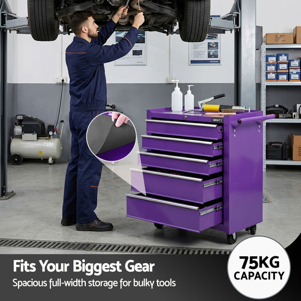 Giantz 5 Drawer Tool Chest Trolley Cabinet Toolbox Heavy Duty Garage Storage Organiser Purple Awezingly