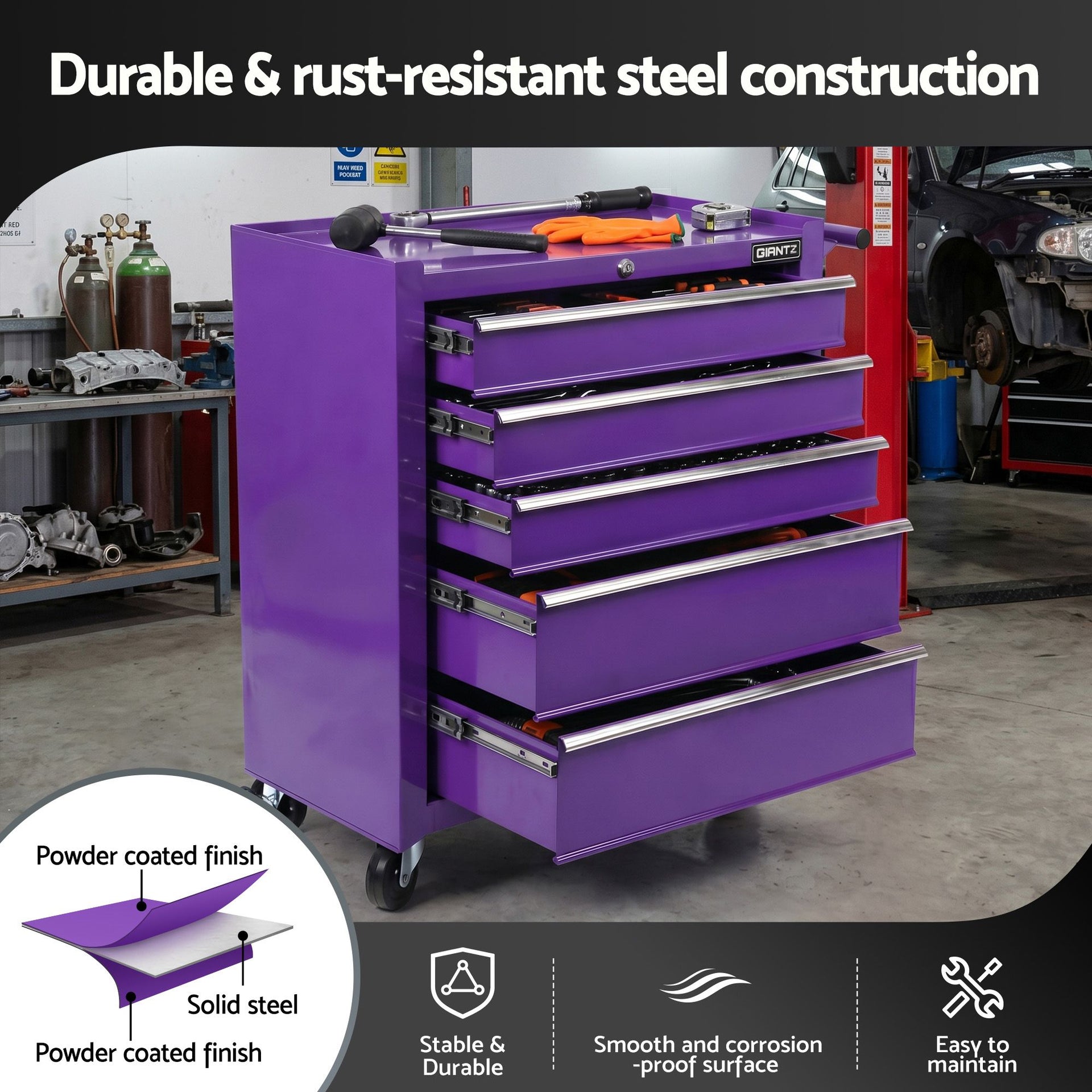 Giantz 5 Drawer Tool Chest Trolley Cabinet Toolbox Heavy Duty Garage Storage Organiser Purple Awezingly
