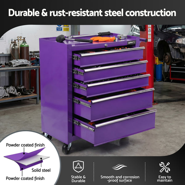 Giantz 5 Drawer Tool Chest Trolley Cabinet Toolbox Heavy Duty Garage Storage Organiser Purple Awezingly