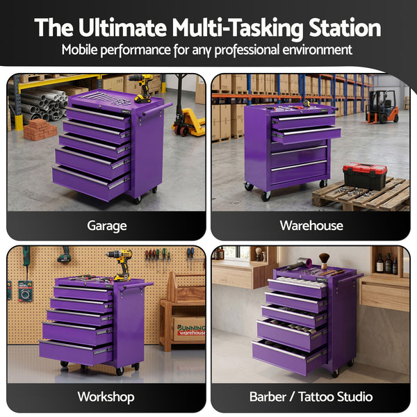 Giantz 5 Drawer Tool Chest Trolley Cabinet Toolbox Heavy Duty Garage Storage Organiser Purple Awezingly