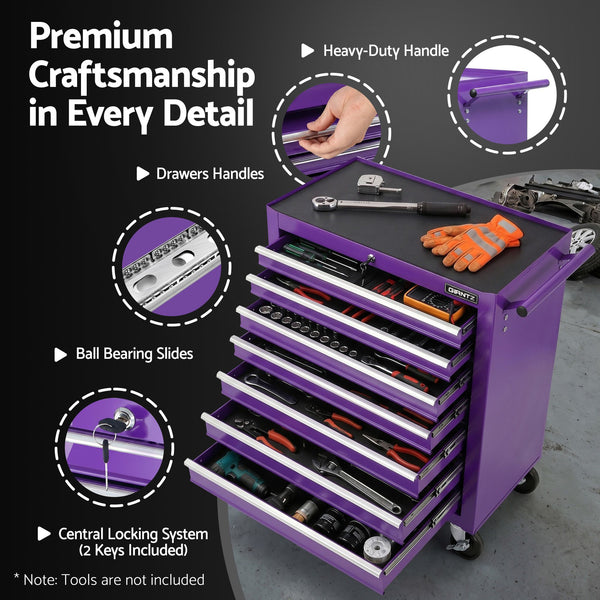 Giantz 7-Drawer Tool Chest Trolley Cabinet Toolbox Heavy Duty Garage Storage Organiser Purple Giantz