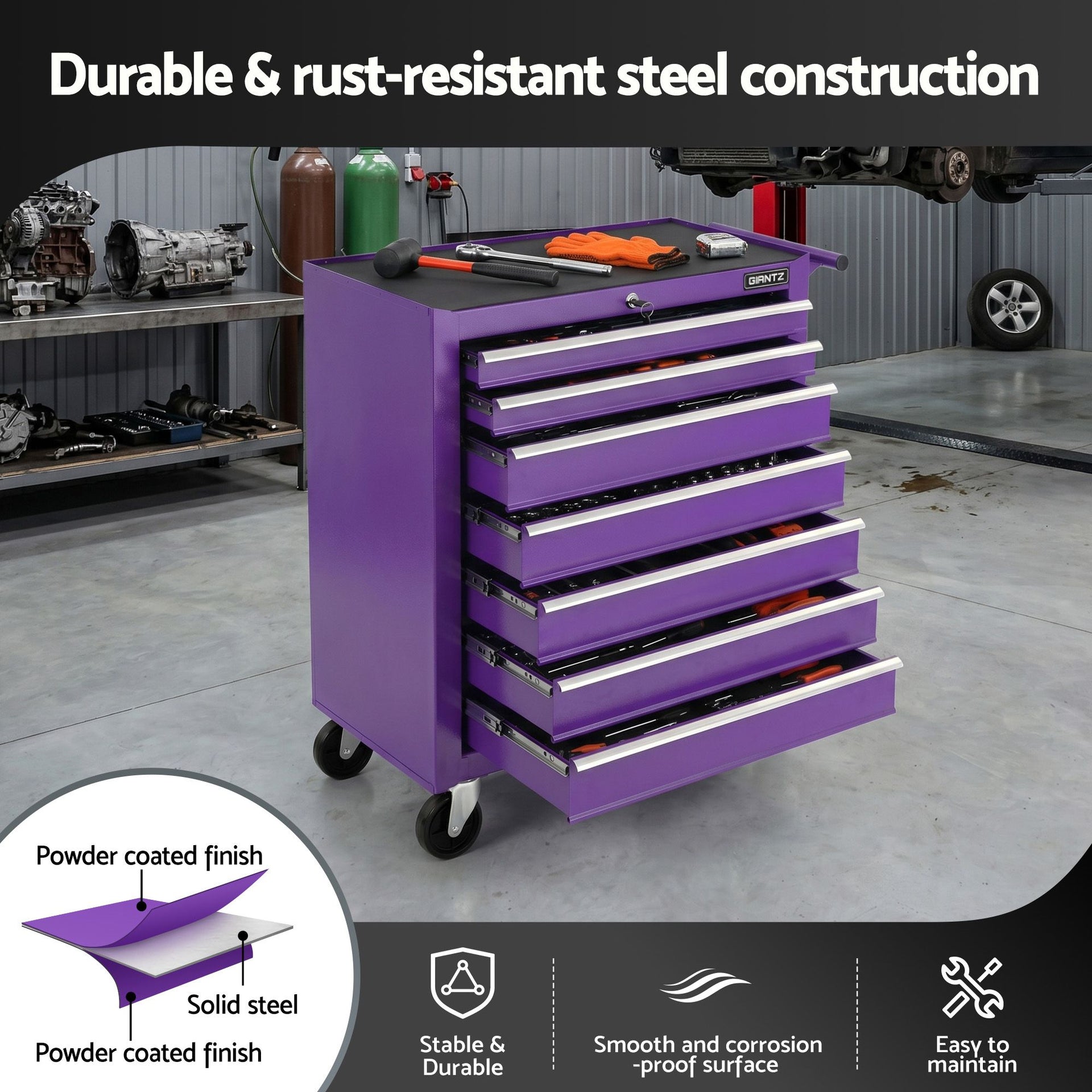 Giantz 7-Drawer Tool Chest Trolley Cabinet Toolbox Heavy Duty Garage Storage Organiser Purple Giantz
