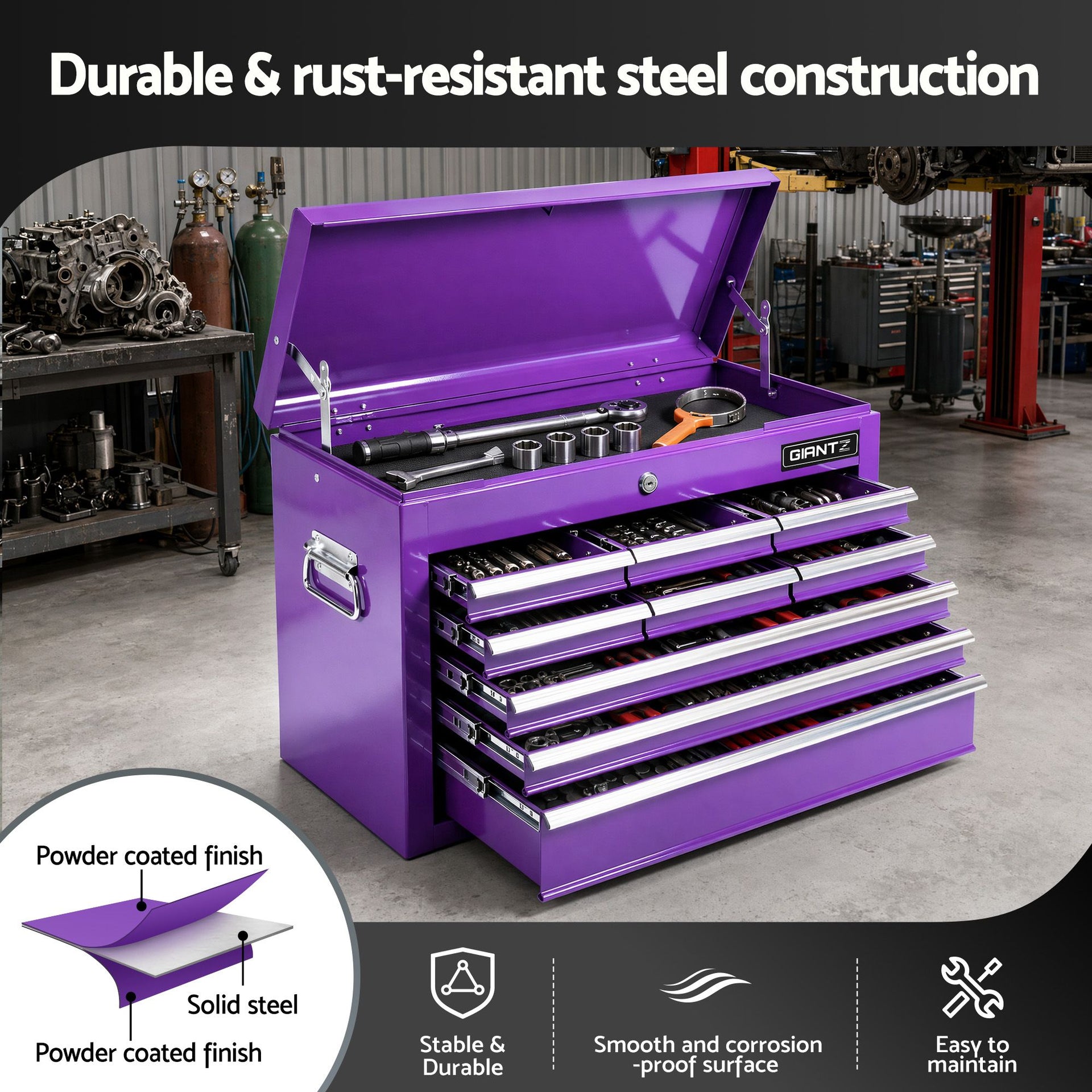 Giantz 9-Drawer Tool Cabinet Chest Toolbox Heavy Duty Garage Storage Organiser Purple Awezingly