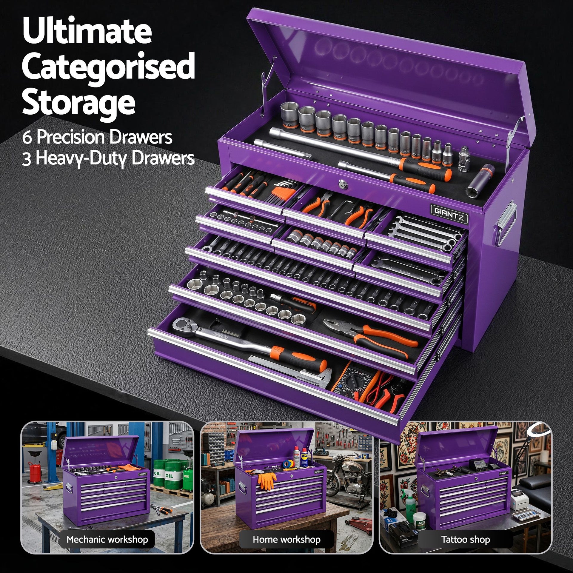 Giantz 9-Drawer Tool Cabinet Chest Toolbox Heavy Duty Garage Storage Organiser Purple Awezingly