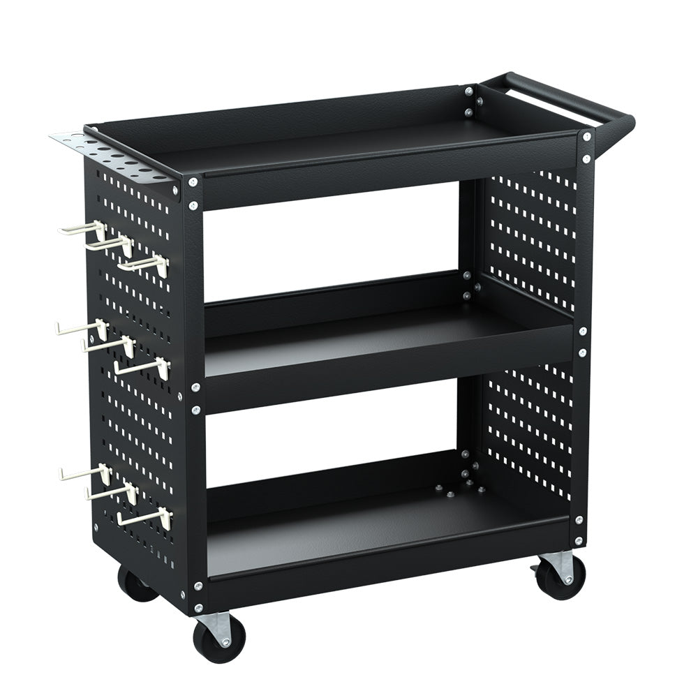 Giantz 3-Tier Tool Cart Storage Trolley Workshop Garage Pegboard Hooks Black Giantz