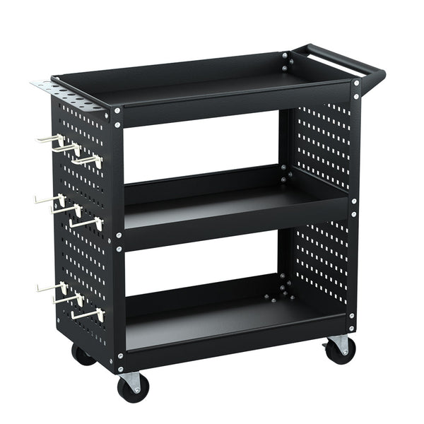 Giantz 3-Tier Tool Cart Storage Trolley Workshop Garage Pegboard Hooks Black Giantz
