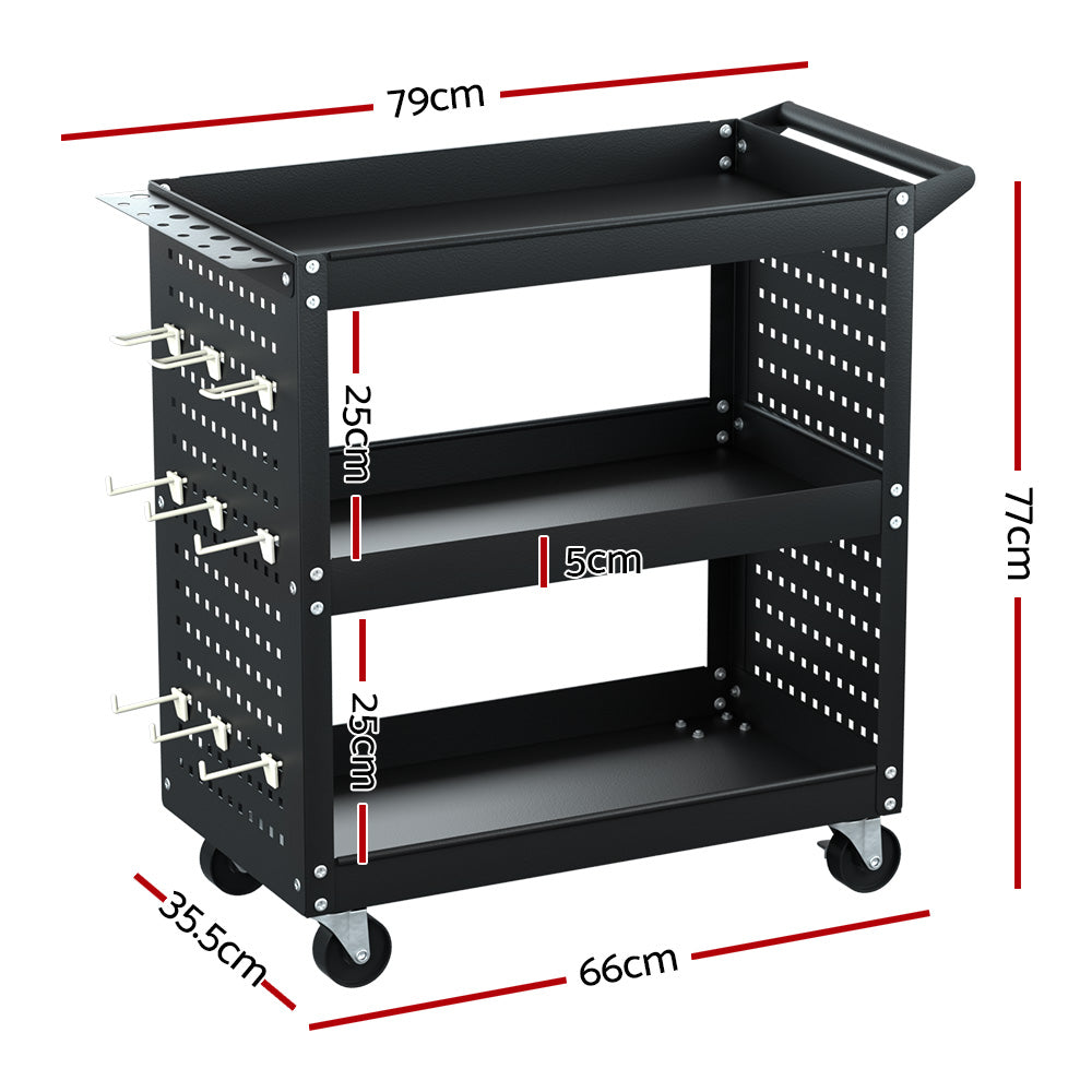 Giantz 3-Tier Tool Cart Storage Trolley Workshop Garage Pegboard Hooks Black Giantz