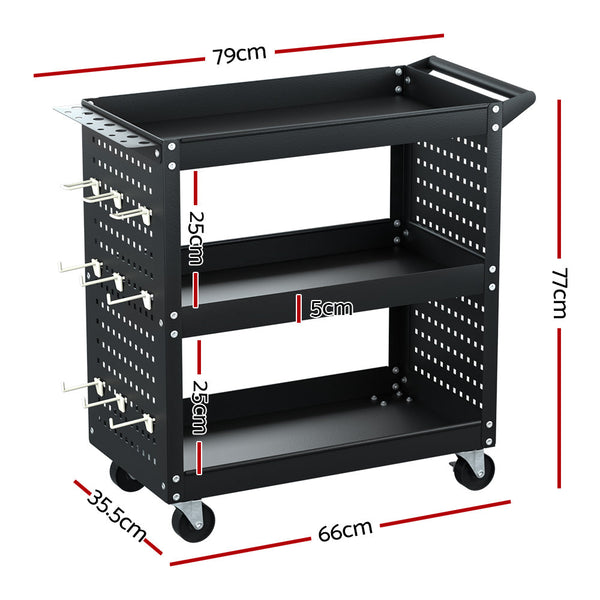 Giantz 3-Tier Tool Cart Storage Trolley Workshop Garage Pegboard Hooks Black Giantz