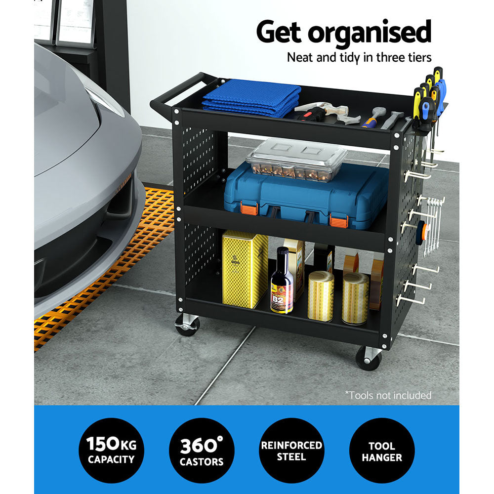 Giantz 3-Tier Tool Cart Storage Trolley Workshop Garage Pegboard Hooks Black Giantz