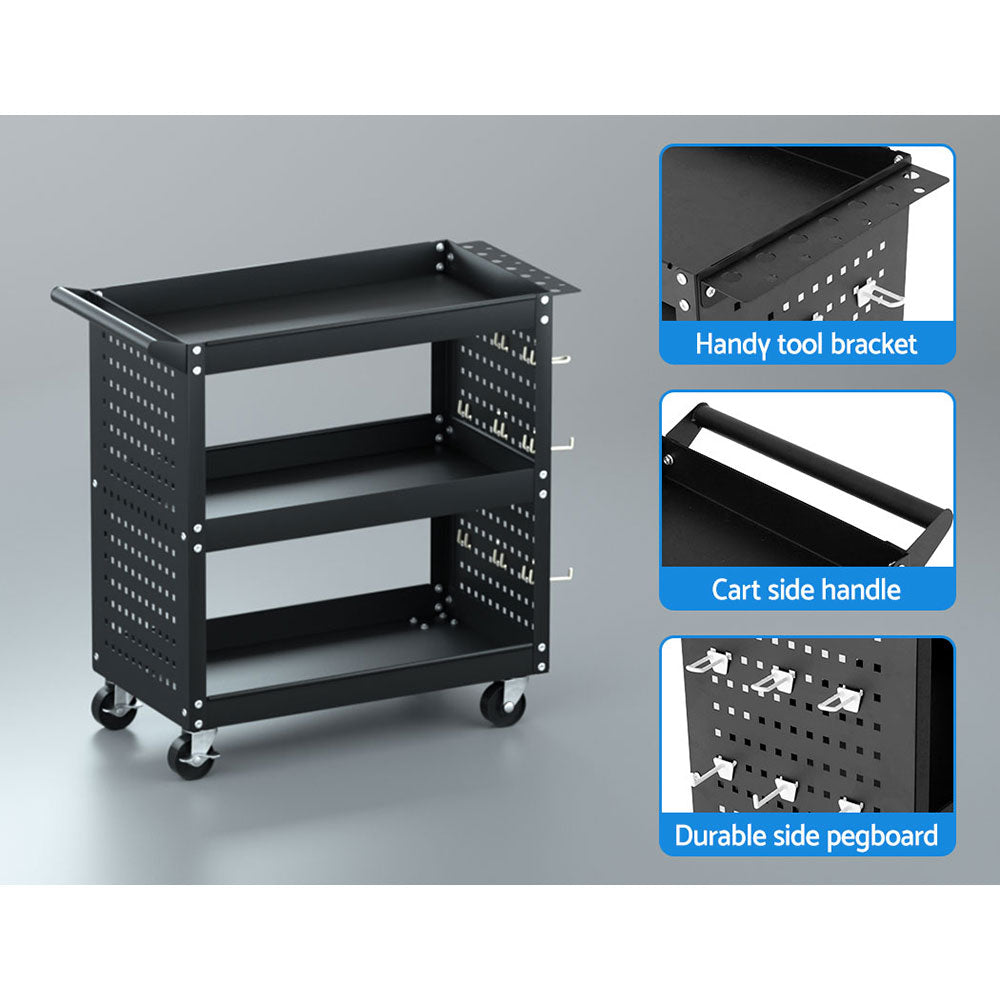 Giantz 3-Tier Tool Cart Storage Trolley Workshop Garage Pegboard Hooks Black Giantz