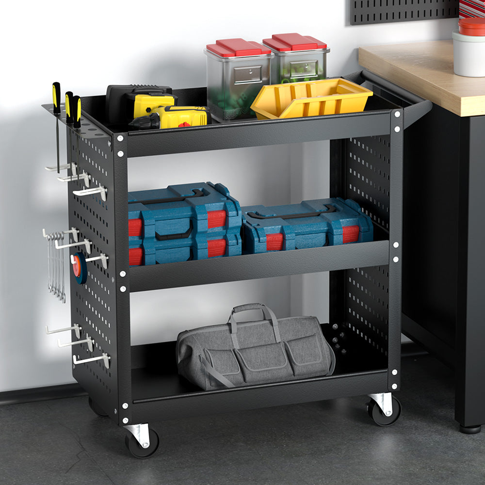 Giantz 3-Tier Tool Cart Storage Trolley Workshop Garage Pegboard Hooks Black Giantz