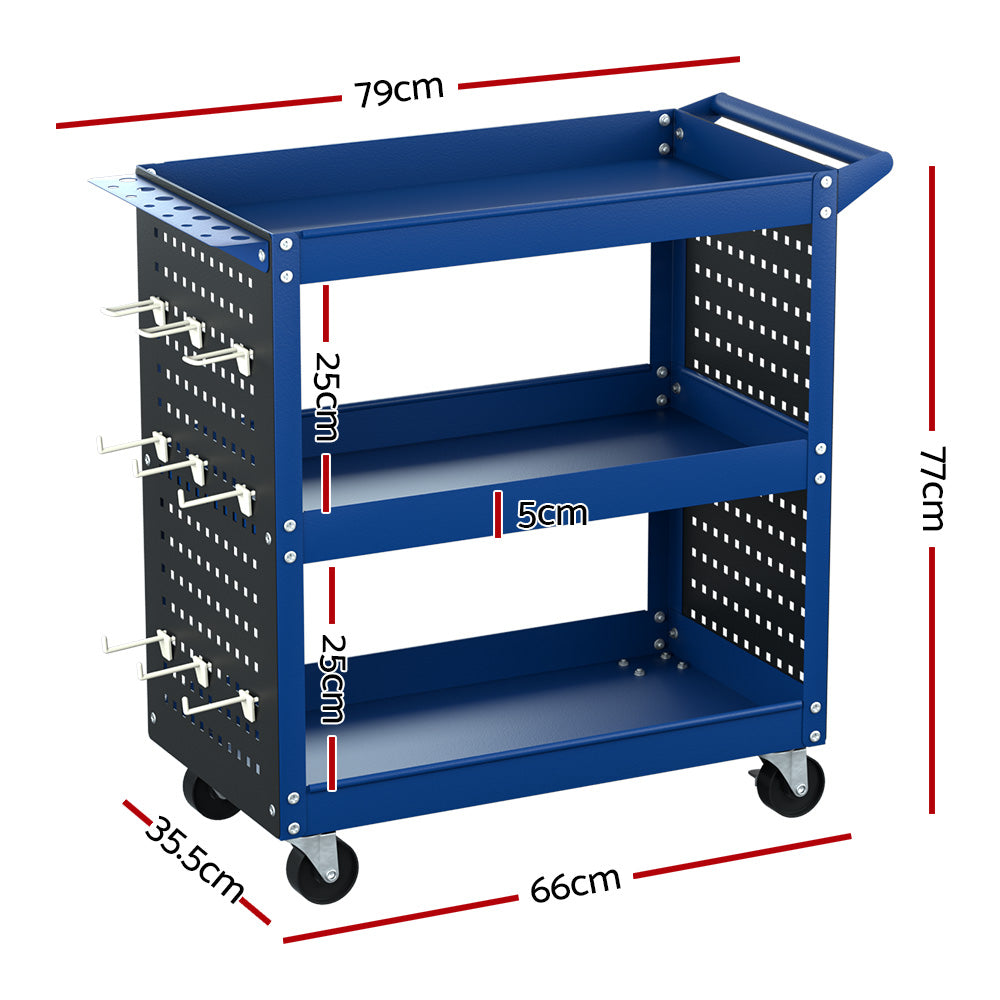 Giantz 3-Tier Tool Cart Storage Trolley Workshop Garage Pegboard Hooks Blue Giantz