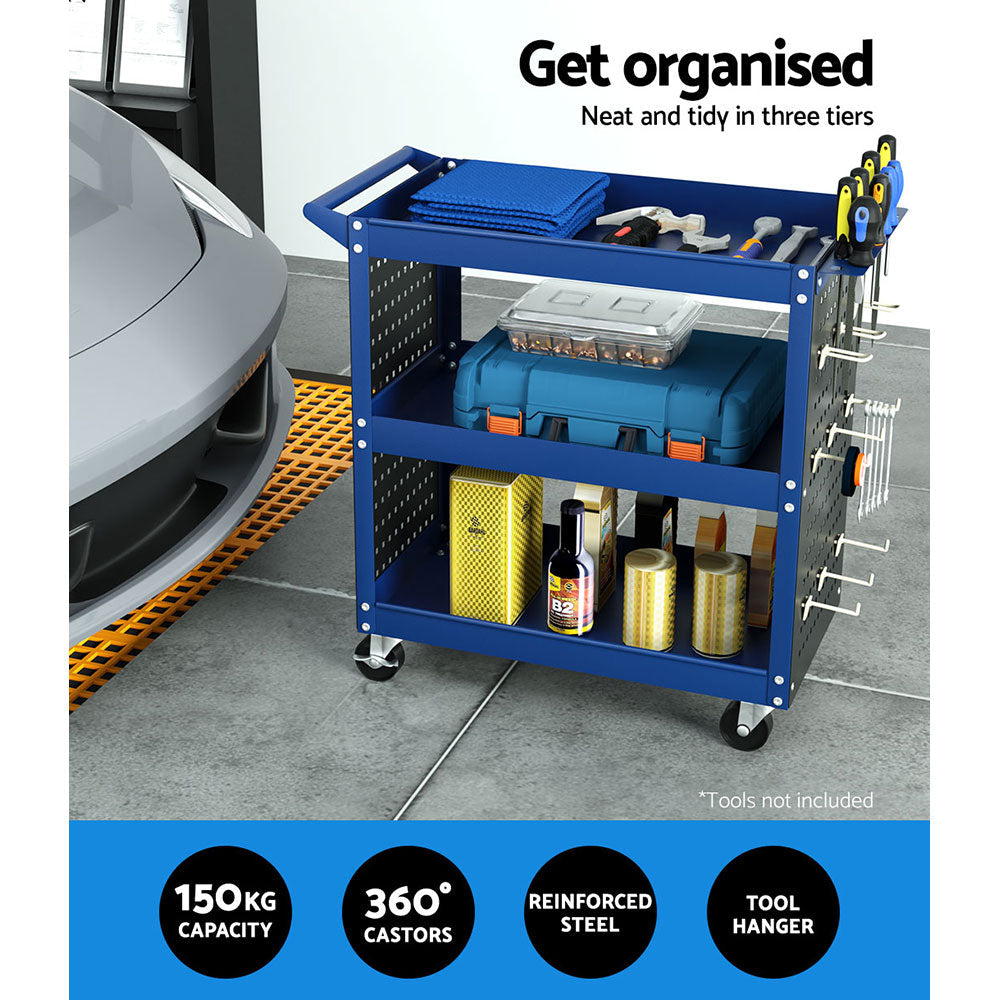 Giantz 3-Tier Tool Cart Storage Trolley Workshop Garage Pegboard Hooks Blue Giantz