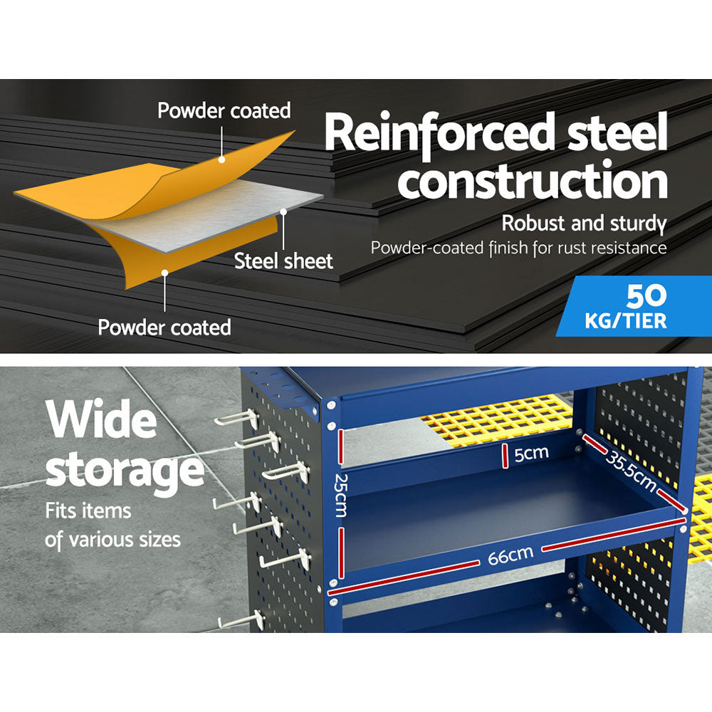 Giantz 3-Tier Tool Cart Storage Trolley Workshop Garage Pegboard Hooks Blue Giantz