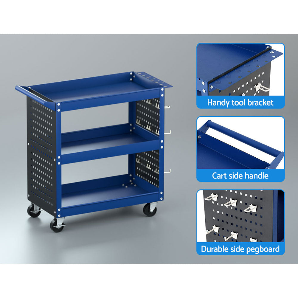 Giantz 3-Tier Tool Cart Storage Trolley Workshop Garage Pegboard Hooks Blue Giantz
