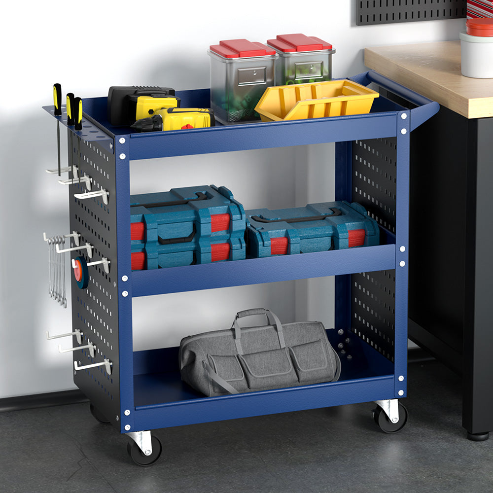 Giantz 3-Tier Tool Cart Storage Trolley Workshop Garage Pegboard Hooks Blue Giantz