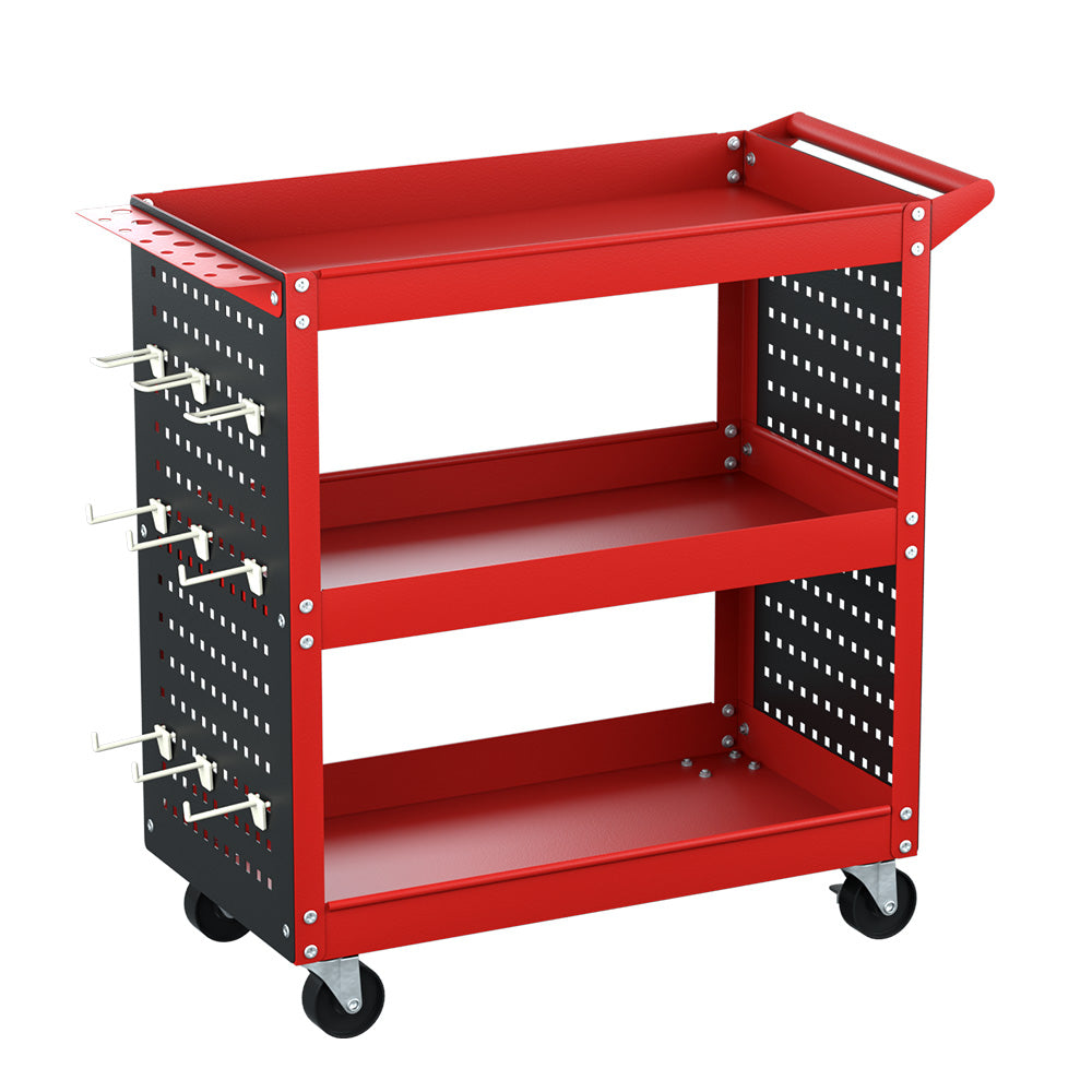Giantz 3-Tier Tool Cart Storage Trolley Workshop Garage Pegboard Hooks Red Giantz