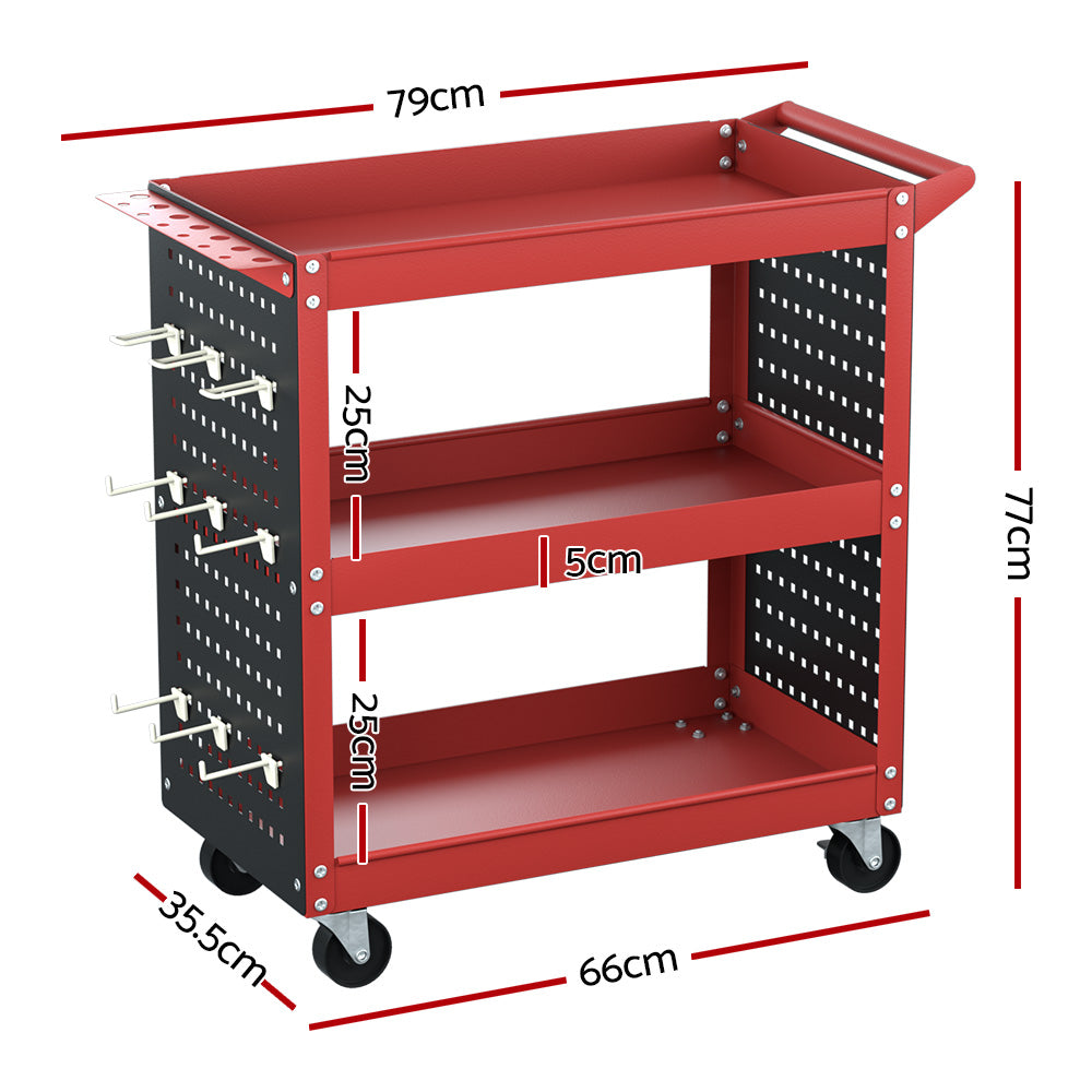 Giantz 3-Tier Tool Cart Storage Trolley Workshop Garage Pegboard Hooks Red Giantz