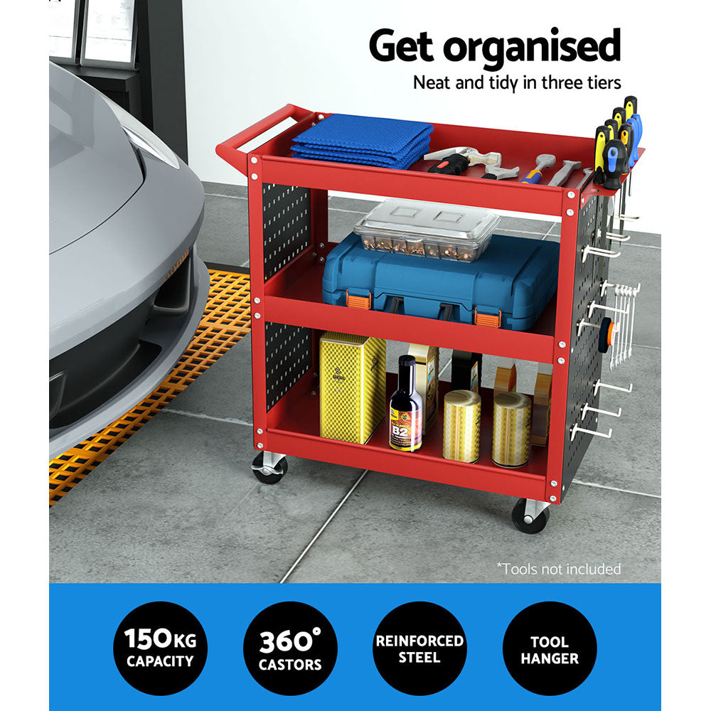 Giantz 3-Tier Tool Cart Storage Trolley Workshop Garage Pegboard Hooks Red Giantz