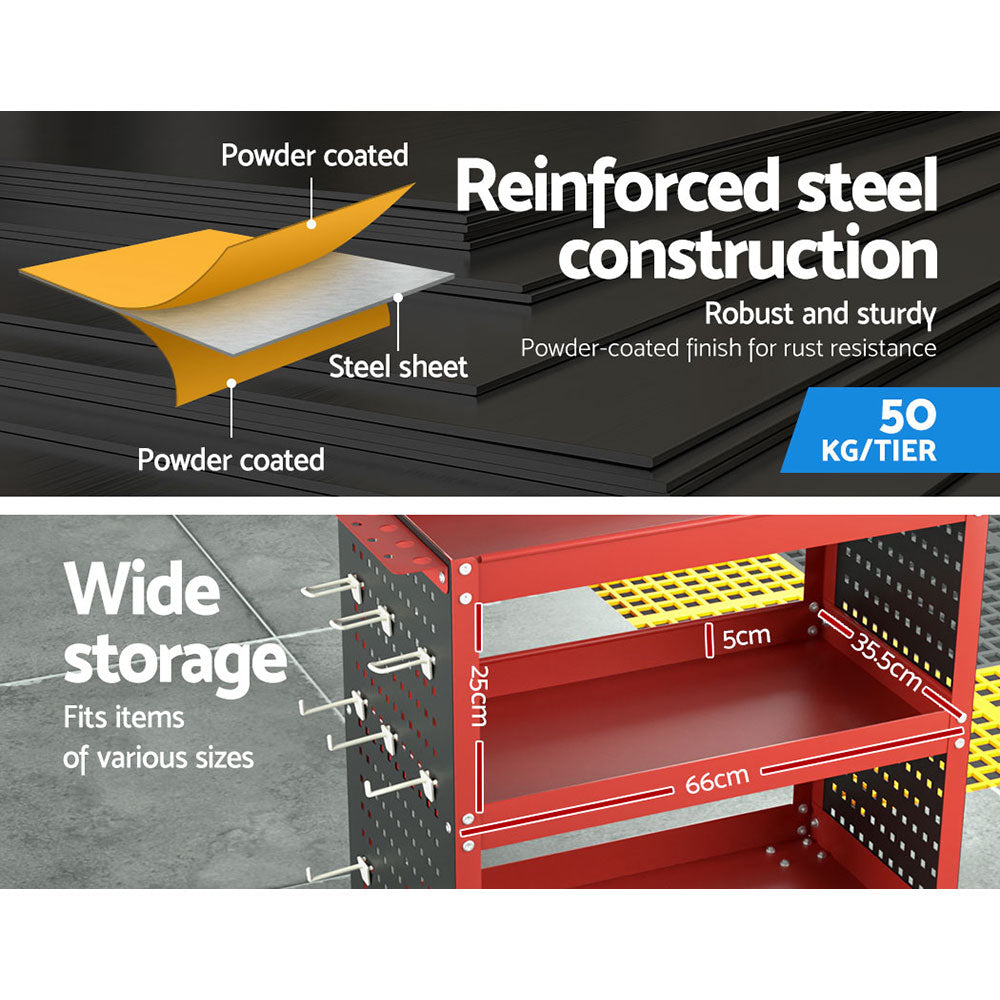 Giantz 3-Tier Tool Cart Storage Trolley Workshop Garage Pegboard Hooks Red Giantz