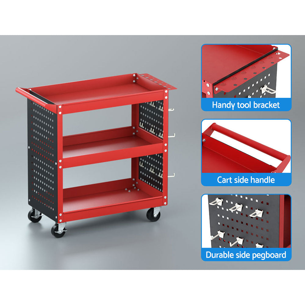 Giantz 3-Tier Tool Cart Storage Trolley Workshop Garage Pegboard Hooks Red Giantz