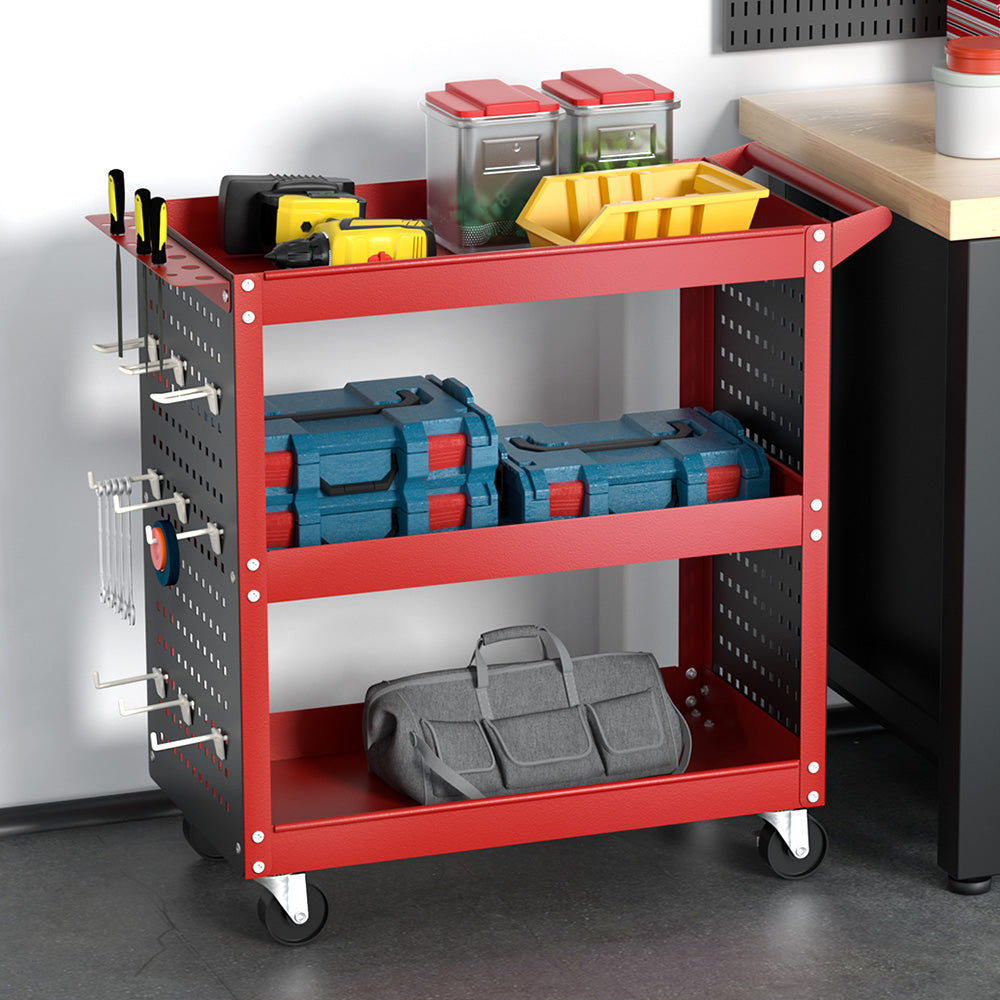 Giantz 3-Tier Tool Cart Storage Trolley Workshop Garage Pegboard Hooks Red Giantz