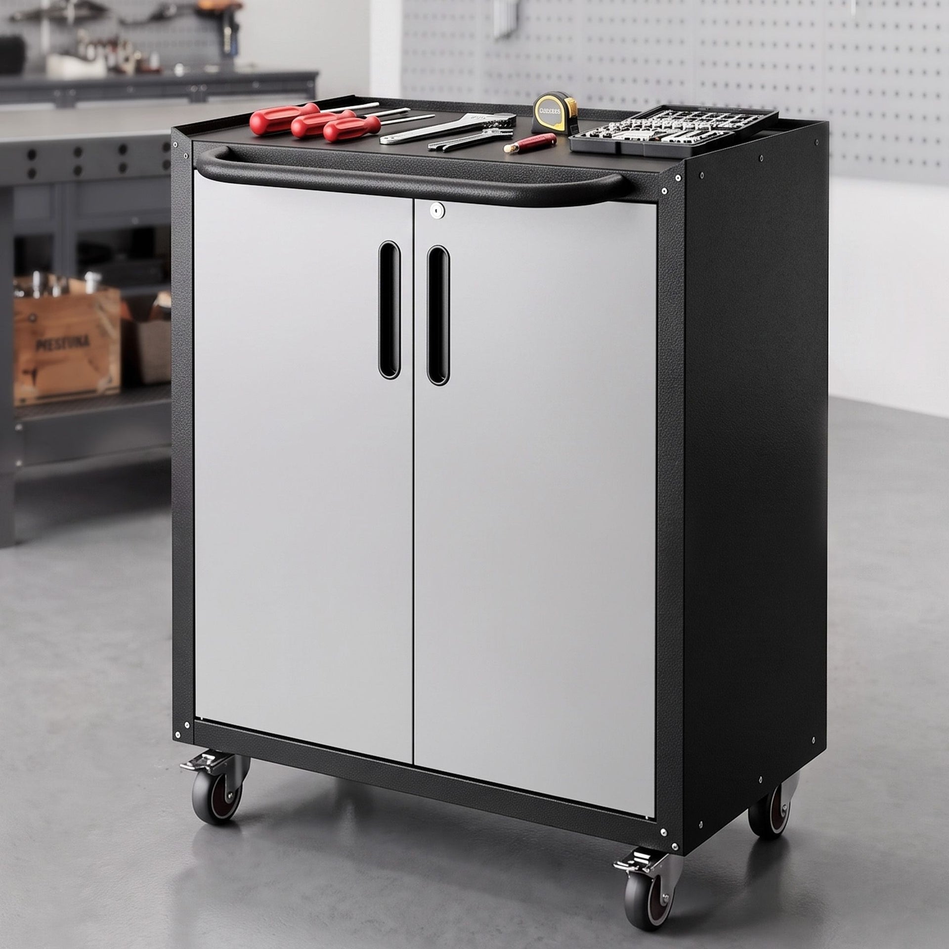 Giantz Rolling Tool Cabinet Heavy-Duty Storage Cabinet Adjustable Shelf Black and Grey Awezingly