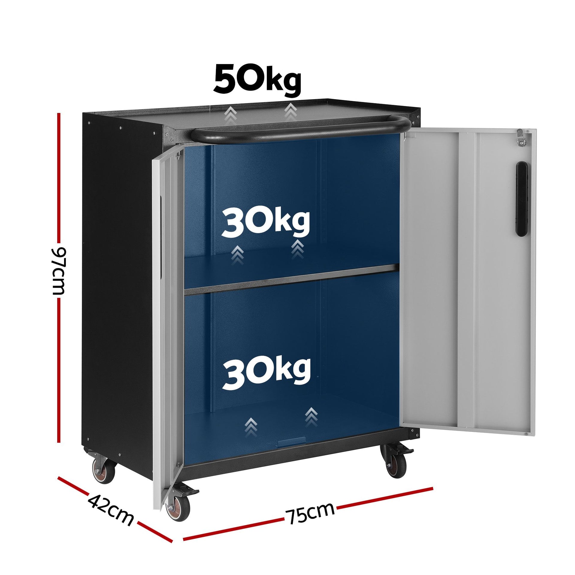 Giantz Rolling Tool Cabinet Heavy-Duty Storage Cabinet Adjustable Shelf Black and Grey Awezingly