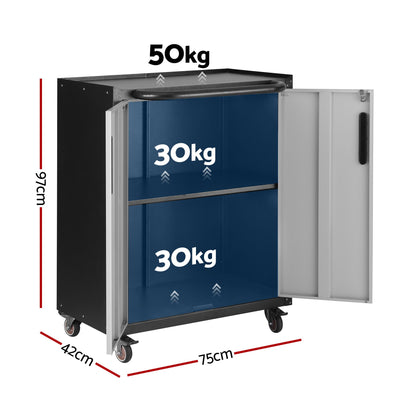 Giantz Rolling Tool Cabinet Heavy-Duty Storage Cabinet Adjustable Shelf Black and Grey