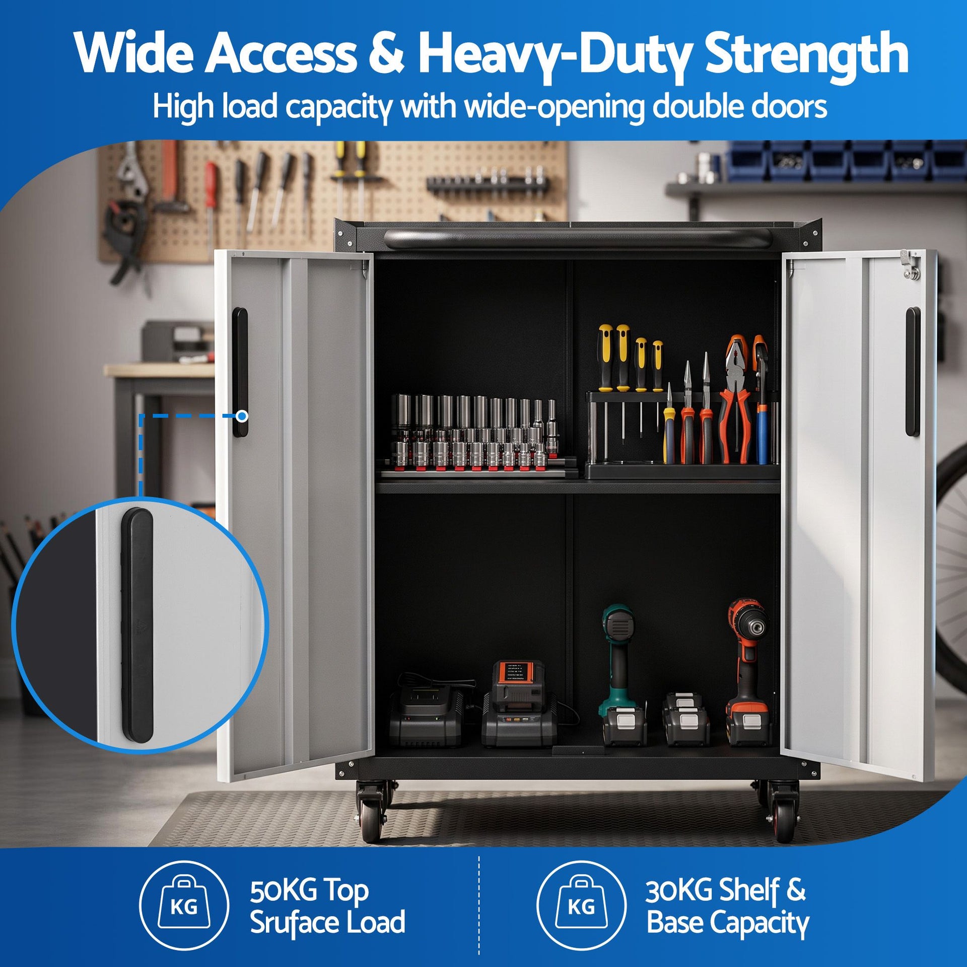 Giantz Rolling Tool Cabinet Heavy-Duty Storage Cabinet Adjustable Shelf Black and Grey Awezingly