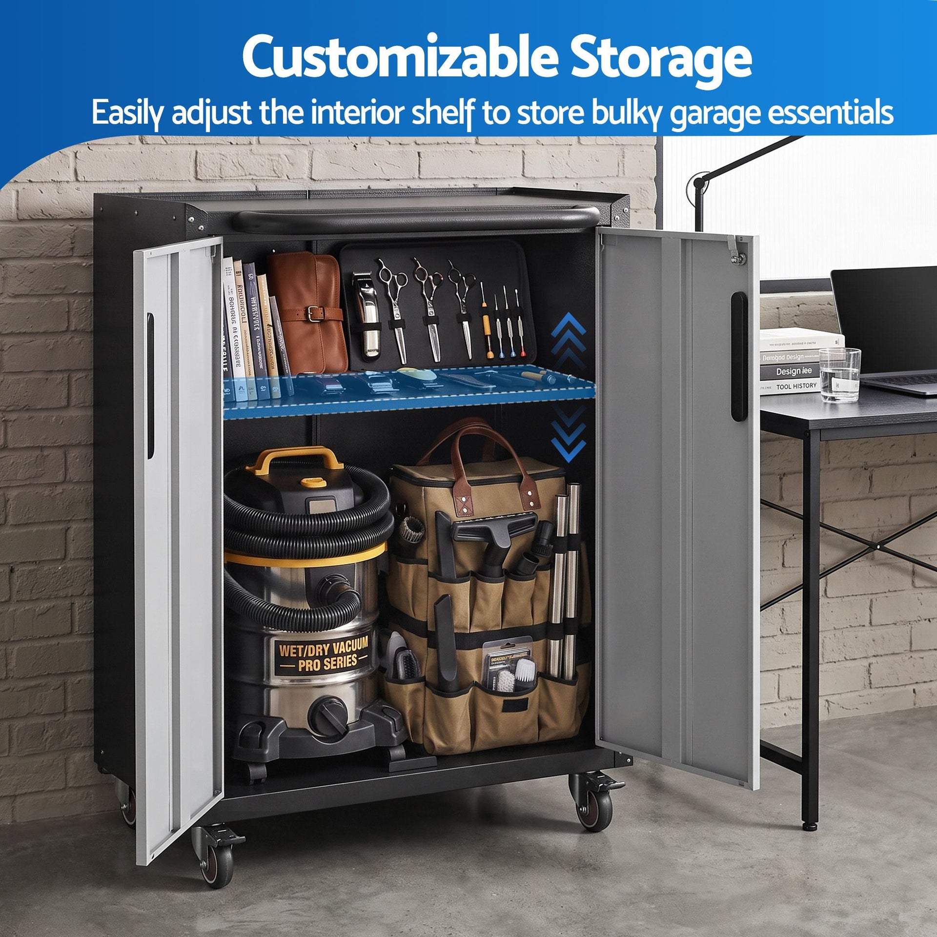 Giantz Rolling Tool Cabinet Heavy-Duty Storage Cabinet Adjustable Shelf Black and Grey Awezingly