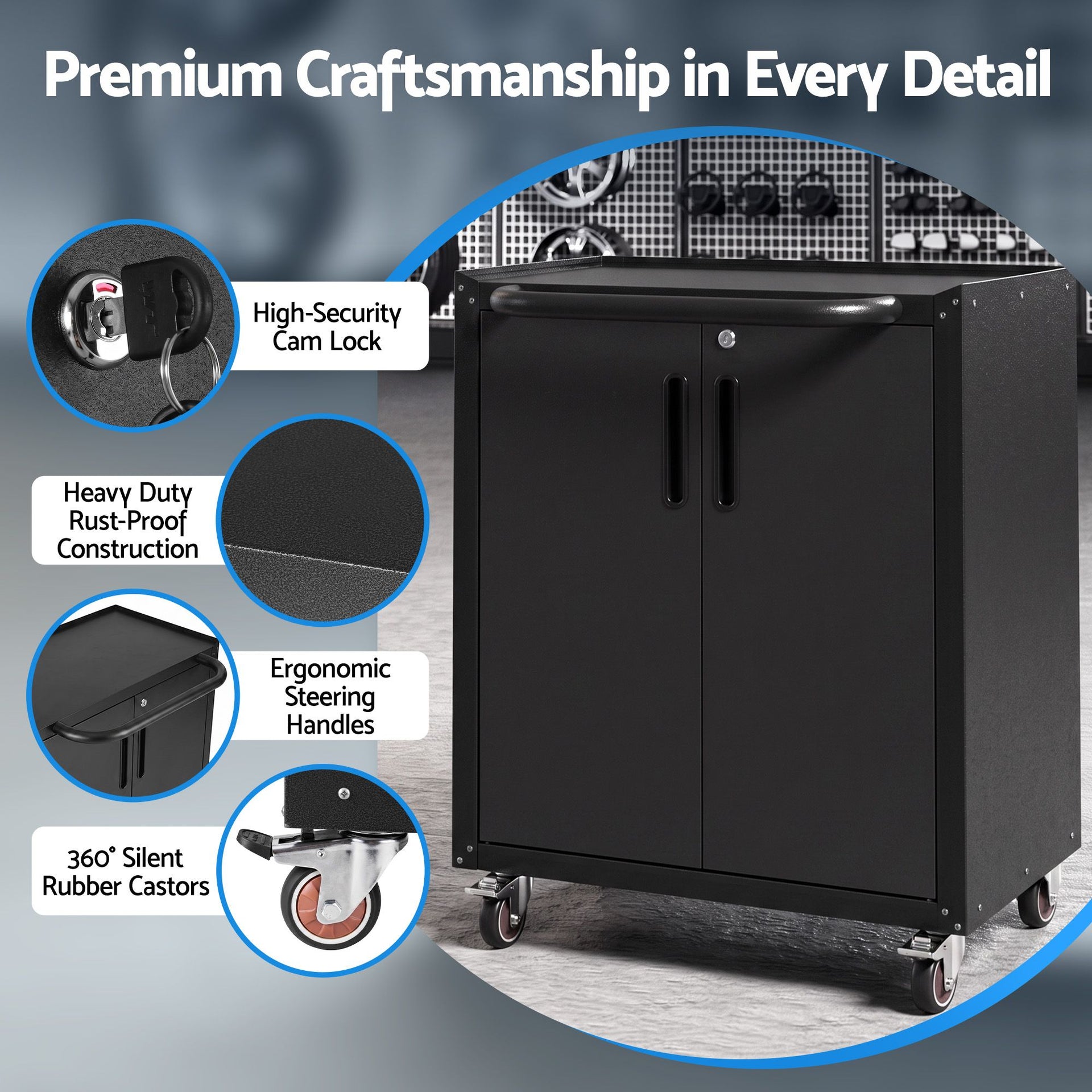 Giantz Rolling Tool Cabinet Heavy-Duty Storage Cabinet Adjustable Shelf Black Awezingly