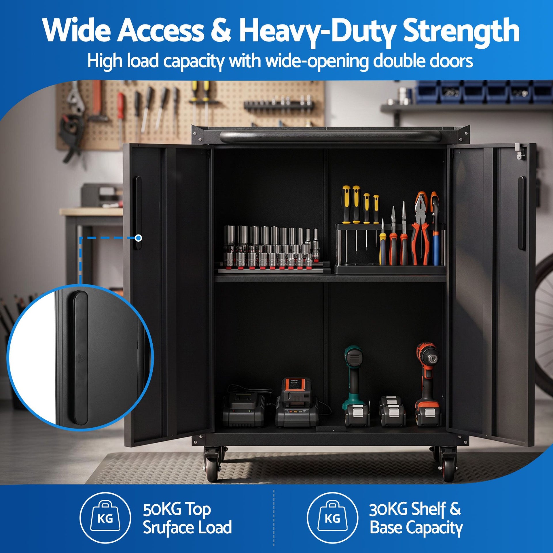 Giantz Rolling Tool Cabinet Heavy-Duty Storage Cabinet Adjustable Shelf Black Awezingly