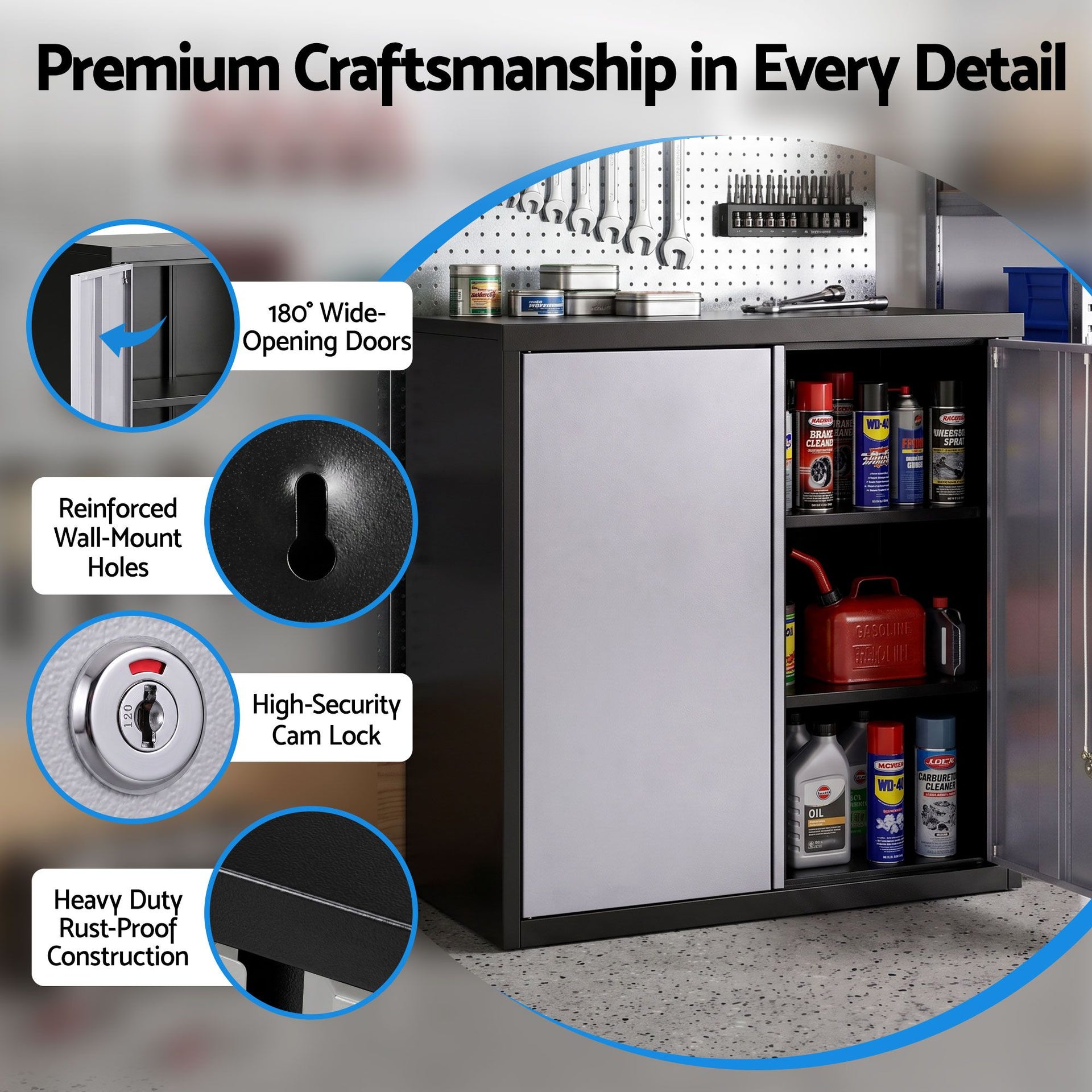 Giantz Steel Tool Cabinet Wall Mount Adjustable Shelf Garage Storage Lockable Black Grey Awezingly
