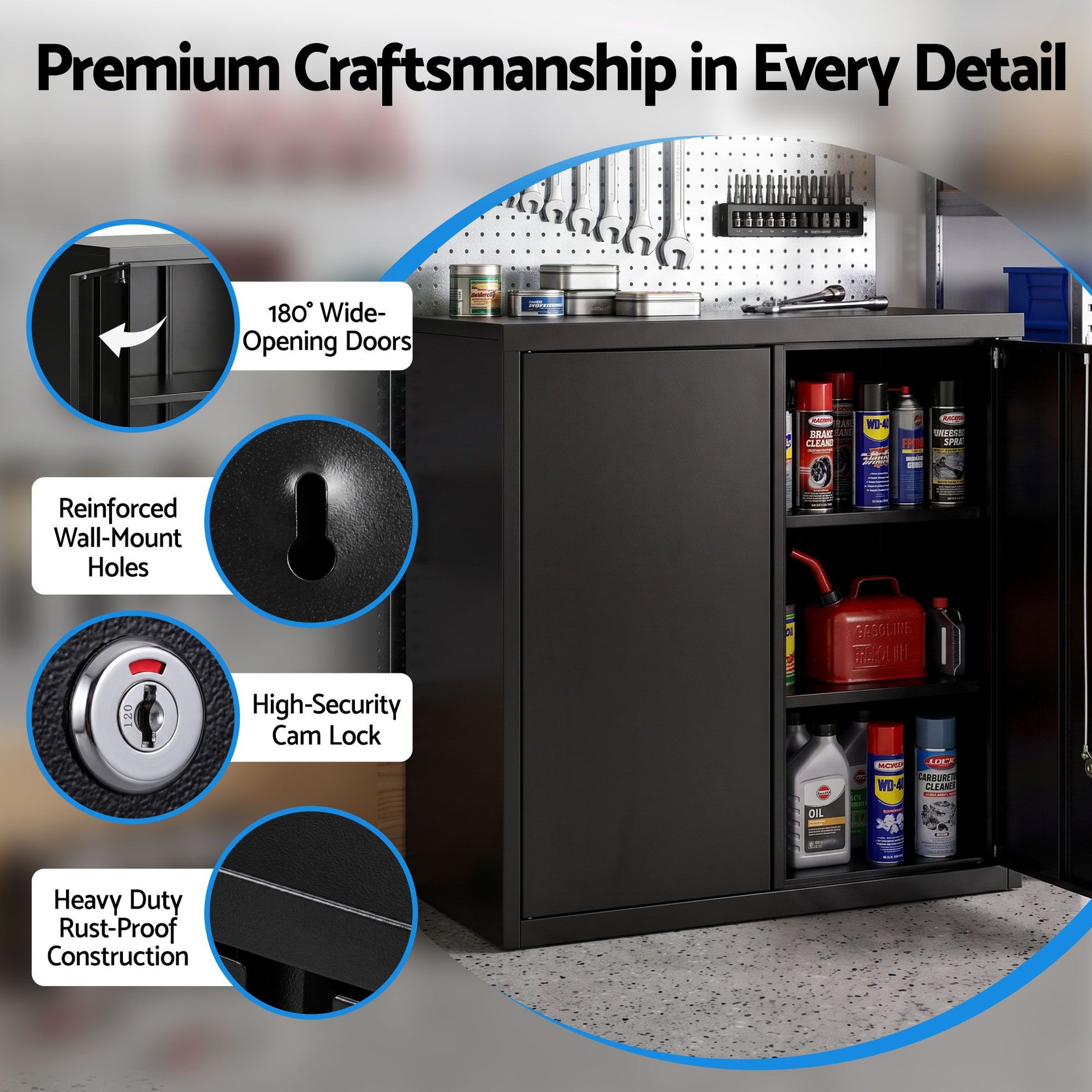 Giantz Steel Tool Cabinet Wall Mount Adjustable Shelf Garage Storage Lockable Black Awezingly