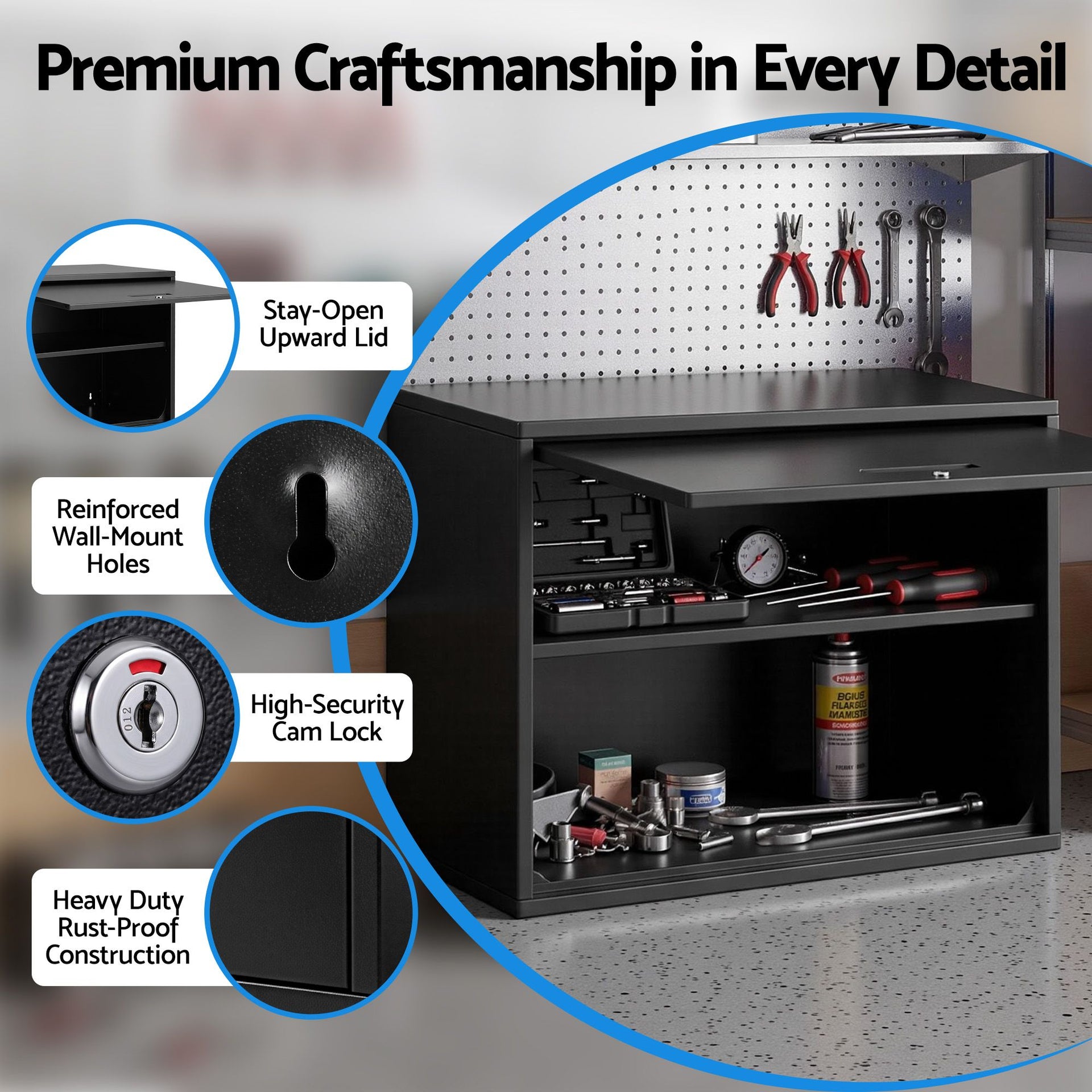 Giantz Wall Mount Steel Tool Cabinet Garage Storage Box Lockable Overhead Shelf Black Awezingly