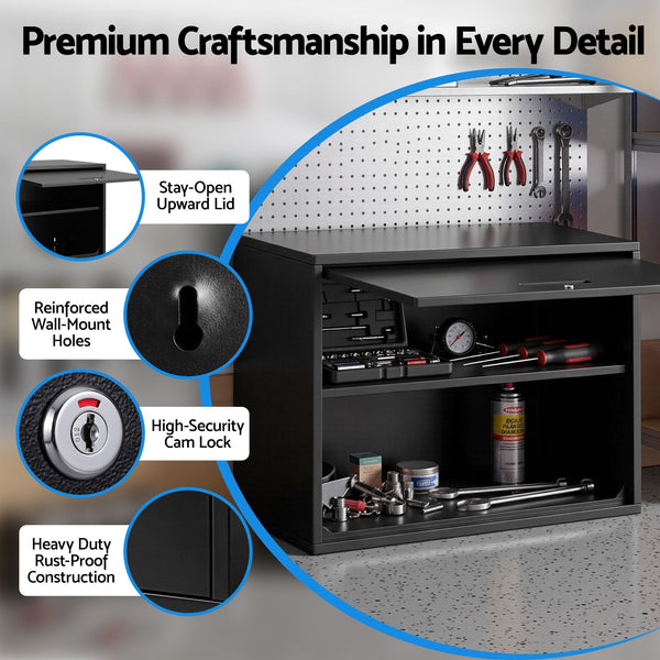 Giantz Wall Mount Steel Tool Cabinet Garage Storage Box Lockable Overhead Shelf Black Awezingly