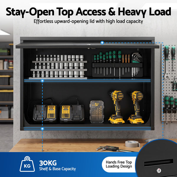Giantz Wall Mount Steel Tool Cabinet Garage Storage Box Lockable Overhead Shelf Black Awezingly